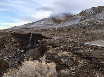 Debris flow deposits and road erosion on SR446 near Pyramid Lake from
January 2017 flooding.