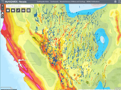 MyHazards-Nevada web map showing the active faults of Nevada and the peak ground acceleration potential for earthquakes across the state.