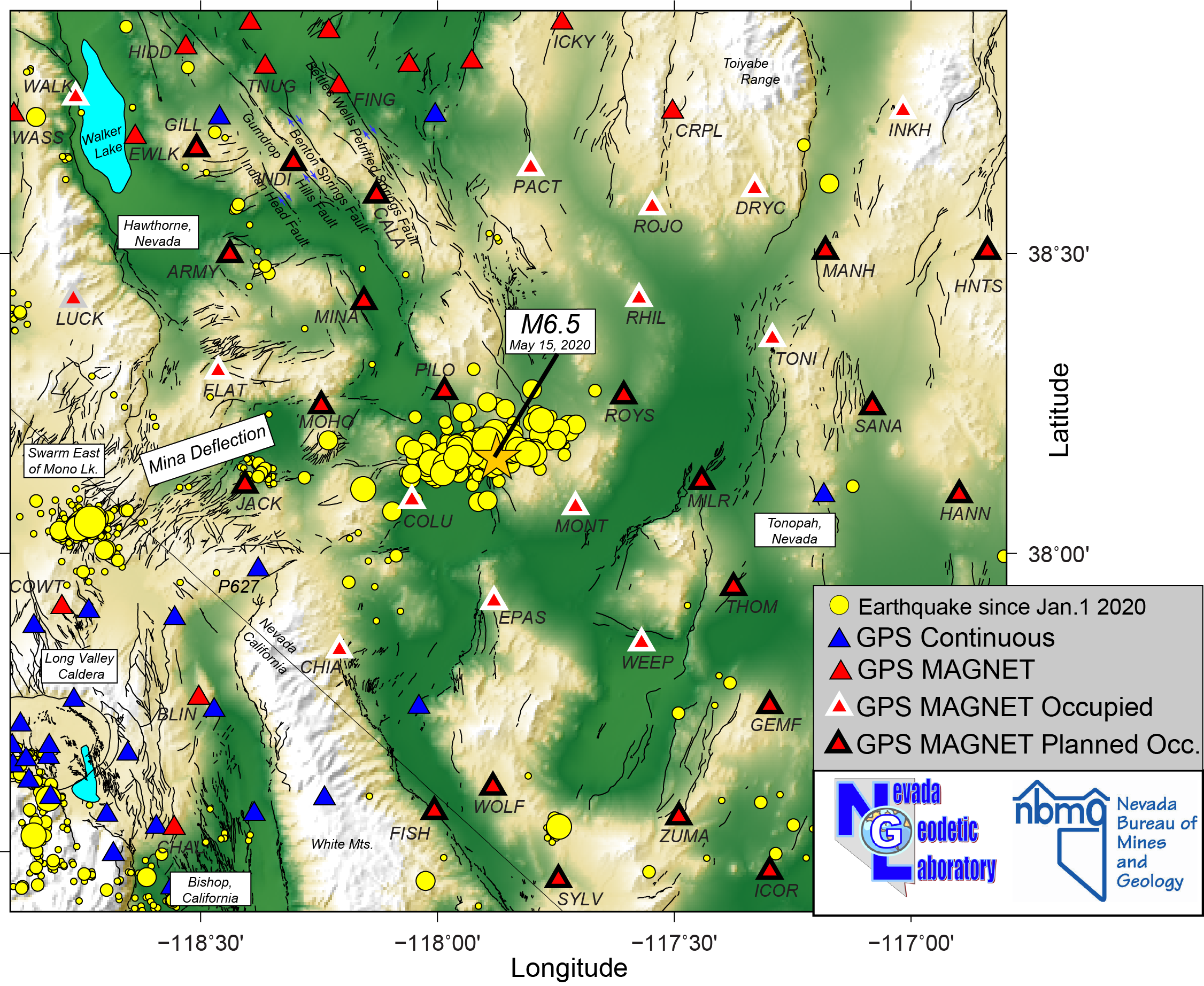 NGL map showing locations of GPS stations and seismicity since January 1, 2020.