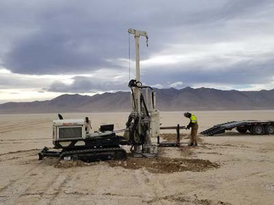 Exploring for geothermal resources in Granite Springs Valley with a
GeoProbe rig (January 2018).