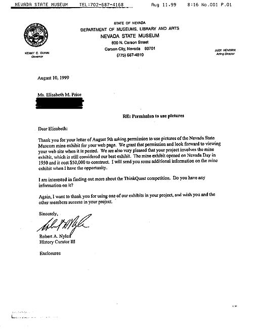 Letter of permission for use of pictures from the Nevada State Museum mine exhibit